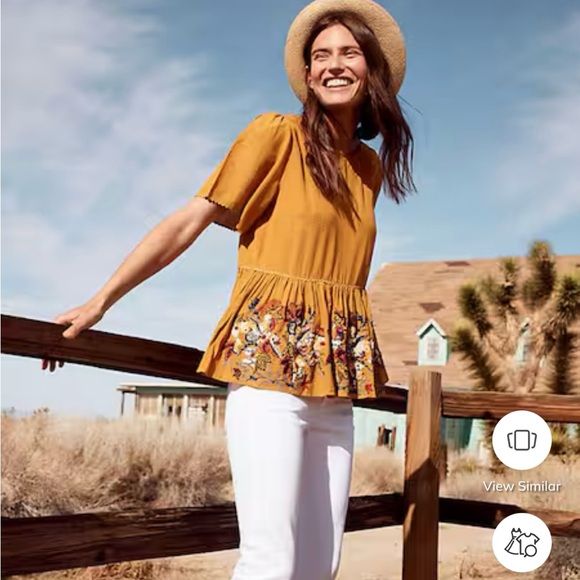 Bhanuni By Jyoti Yellow Embroidered Peplum blouse top Anthropologie S beaded